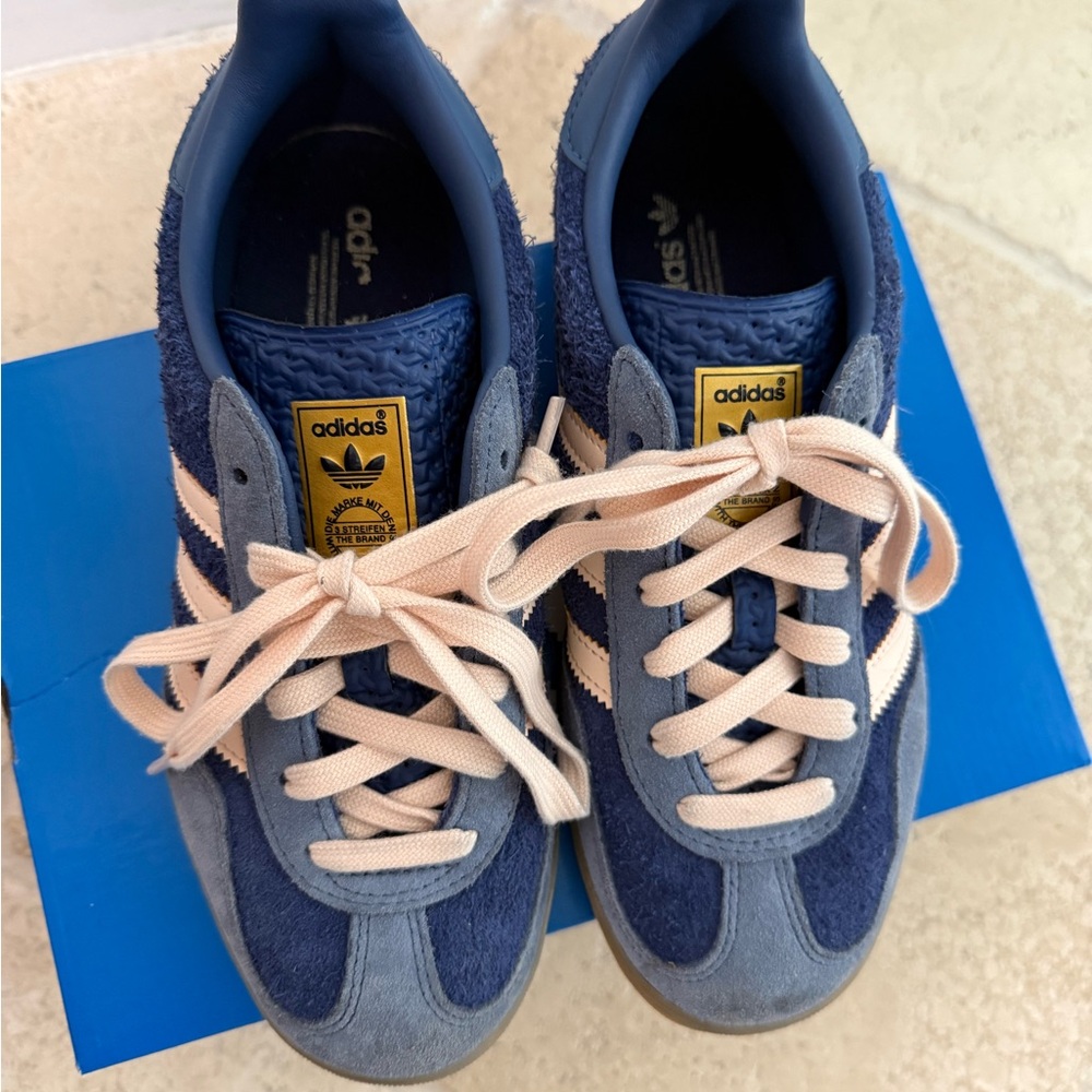 adidas Gazelle Sneakers in denim blue with pastel pink Stripes